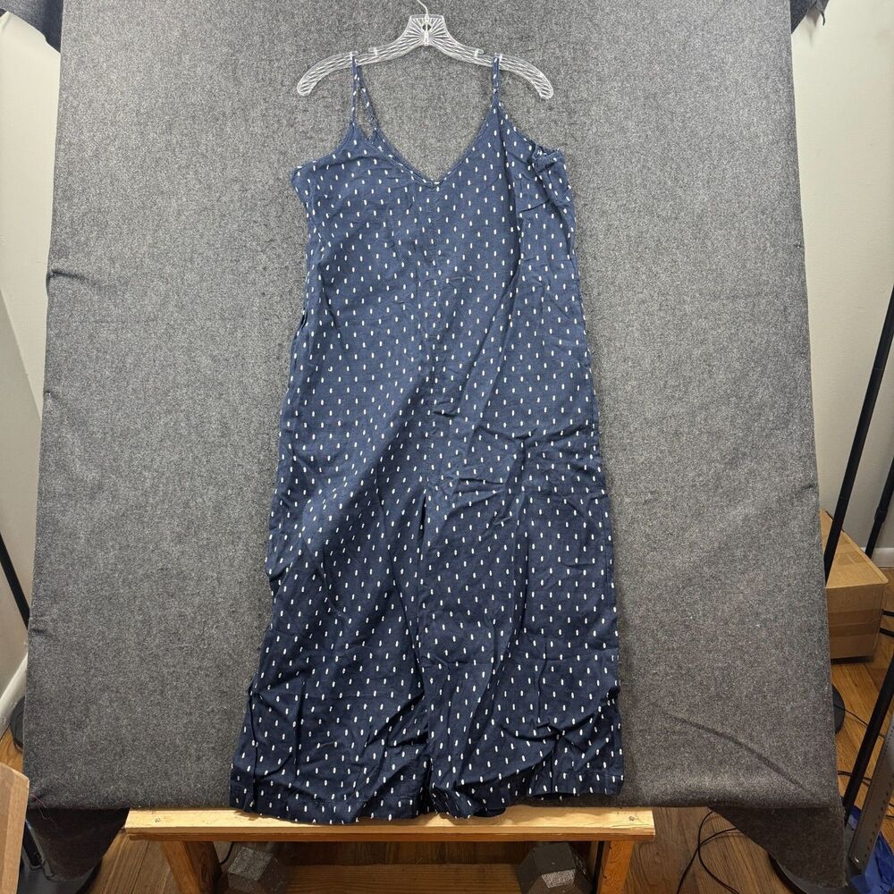 Athleta La Paz Jumpsuit Women's 8 navy Blue Embroidered Polka Dot Linen Blend